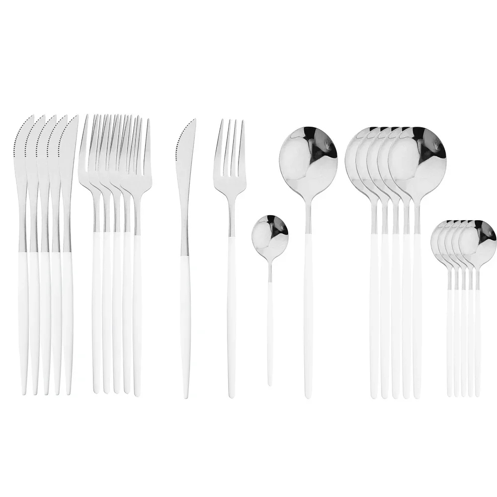 24 Stück Edelstahl Geschirr Set Küchen gabel Löffel Messer Abendessen Besteck Set weiß Silber Western Besteck Geschirr Set Image