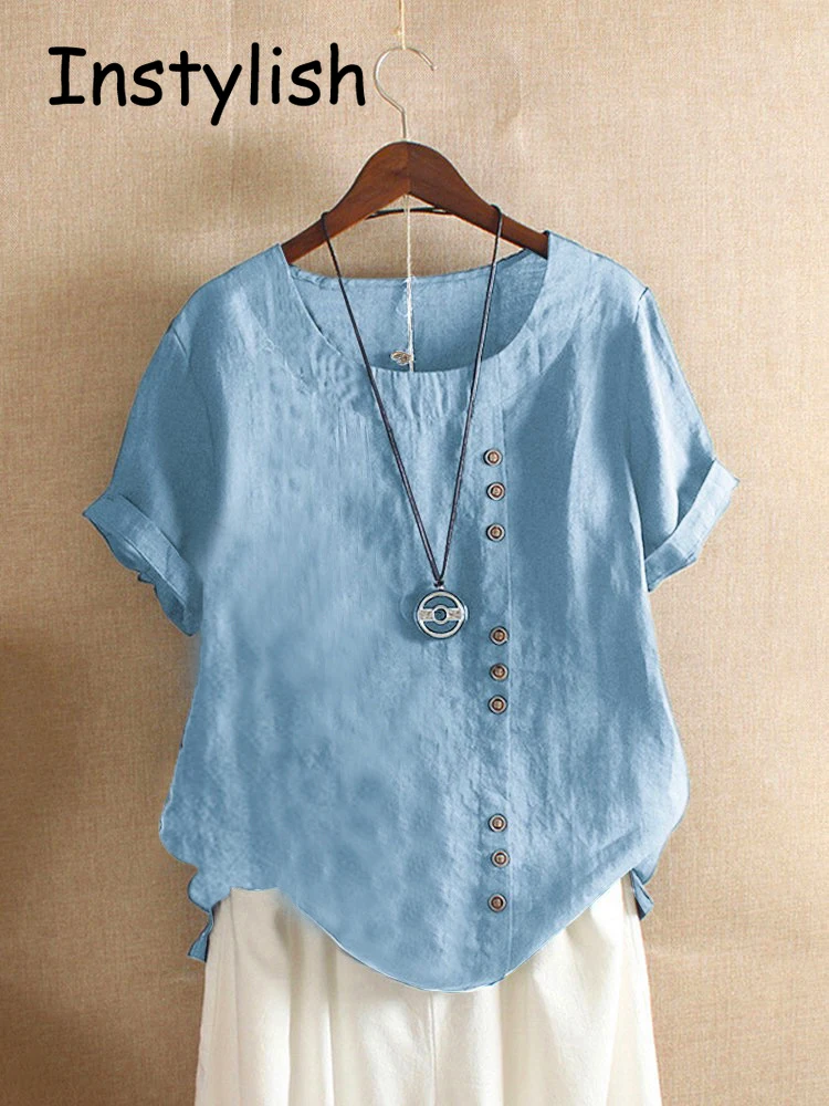 Vintage Harajuku Knopf T-Shirt lässig Sommer Kurzarm Baumwolle Leinen solide lose Bluse elegante Overs ize T-Shirt Streetwear Image