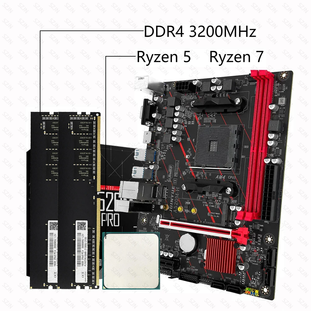JGINYUE A520M Motherboard Kit AM4 Ryzen Kit mit Prozessor DDR4 3200 MHz Unterstützung M.2 NVME Dual Channel DDR4 RAM WIN11 Image