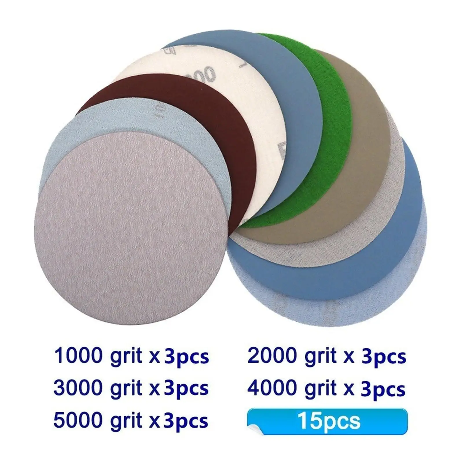 Dischi abrasivi a secco e bagnato da 15 pezzi da 5 pollici assortiti carta vetrata a grana 3000-5000 125 mm compatibili per levigatrici orbitali casuali lucidatura