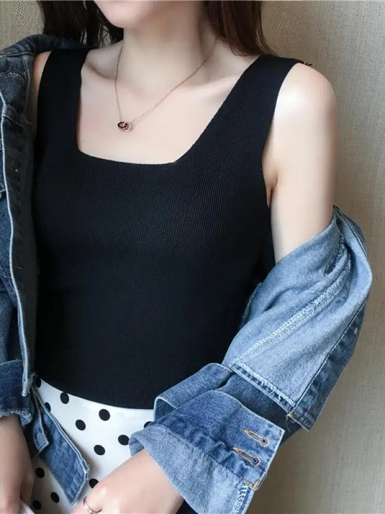 Hohe Qualität Chic Basic U-AUSSCHNITT Sommer Weiß Stricken Frauen Tank Top Sexy Ärmelloses T-shirt Vintage Top Casual Crop Top T hemd 2026