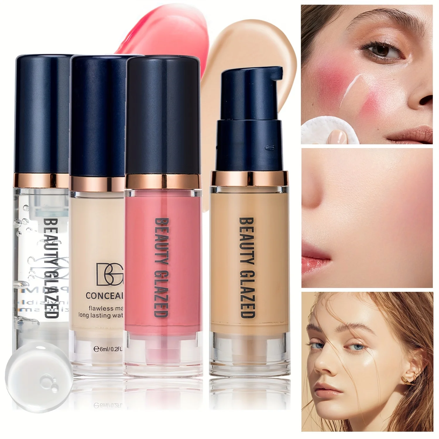 4-teiliges Set Primer + Concealer + flüssige Foundation + flüssiges Rouge, mattes Samt, wasserfestes Foundation-Rouge-Make-up für Reisen Image