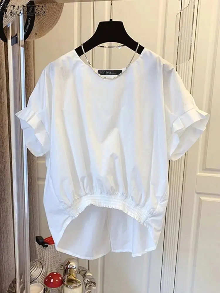 Camicetta estiva elegante a maniche corte ZANZEA Camicia da lavoro OL solida moda Donna Top casual Donna O Collo Allentato Festa per le vacanze Blusas