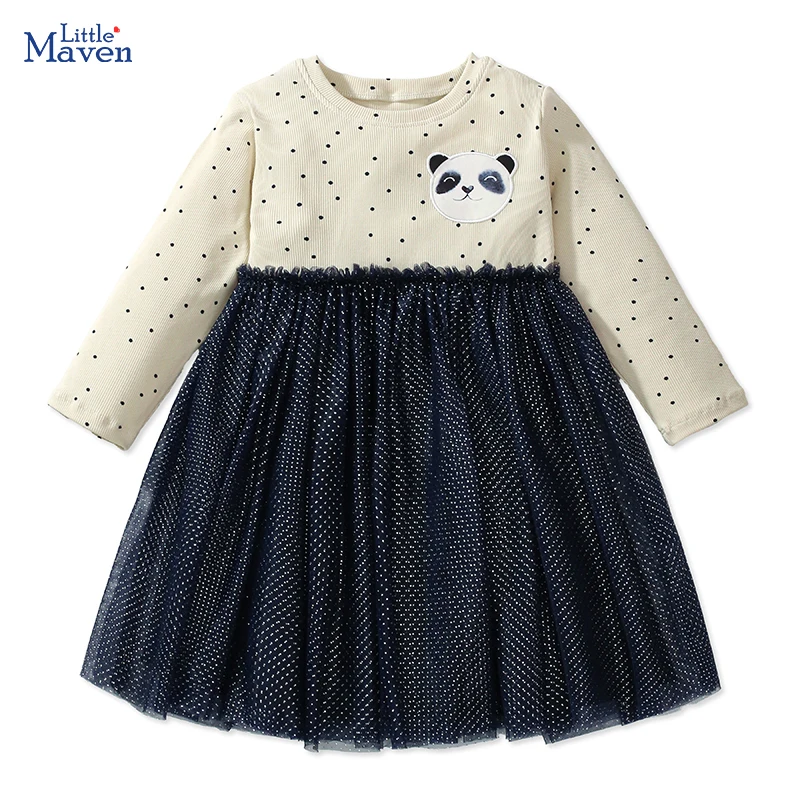 Kleine Maven Kinder Kleidung Herbst Baby Mädchen Baumwolle Stickerei Cartoon Panda lässig lange Ärmel Mesh Kleider 2-7 Jahre Image