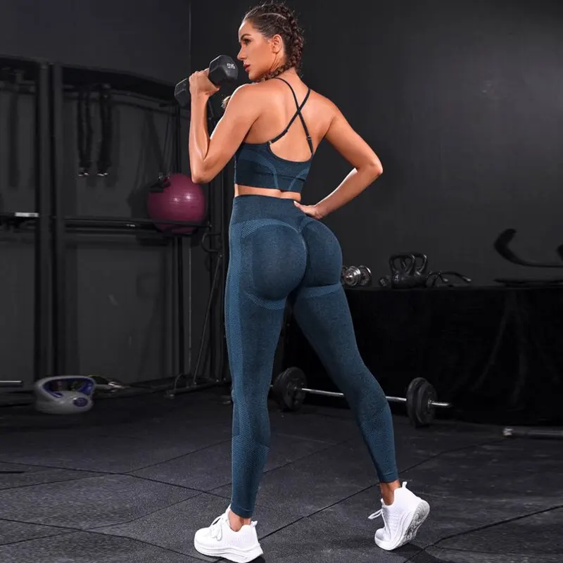 2 Stück Damen Trainings anzug nahtlose Yoga-Set Workout Sportswear Sport bekleidung Leggings mit hoher Taille Fitness-Sporta nzüge Image