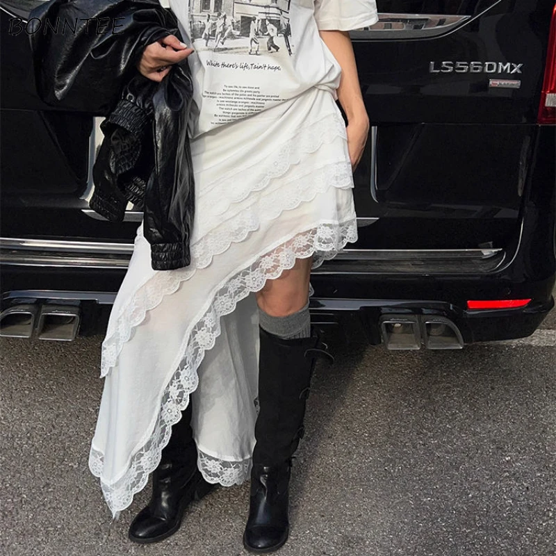 Unregelmäßige Weiße Röcke Frauen Spitze Hohe Taille Knöchel-länge Y2k Koreanischen Stil Stilvolle Elegante Street Chic Vintage Jupe Süße
