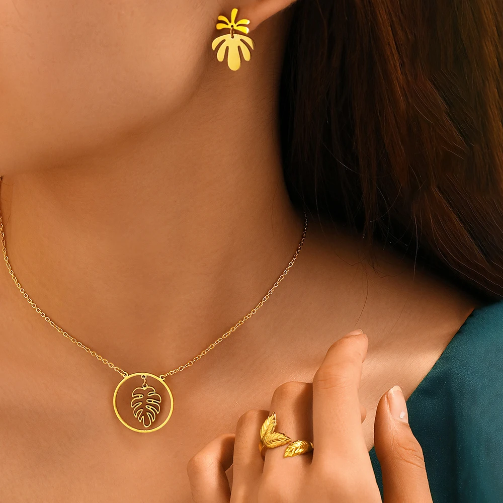 Edelstahl Schmuck Set Kokosnuss baum Ohrringe verstellbare Größe Blatt Ring aushöhlen Halskette Schmuck Set für Frauen Schmuck Image