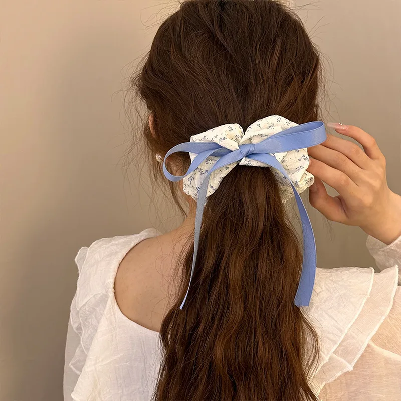 Koreanische Frauen sanft blau kleine Blumen Gummibänder Haarband Mädchen Bowknot Band Haar gummis Haar gummis Damen Pferdes chwanz halten Kopf bedeckung Image