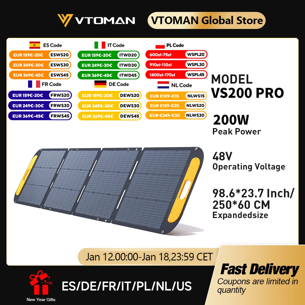 VTOMAN VS200 PRO 200 W Solarpanel-Kit, kompletter 48 V Strom, tragbarer, wiederaufladbarer Solarzellen-Solargenerator für den Außenbereich für Zuhause Image