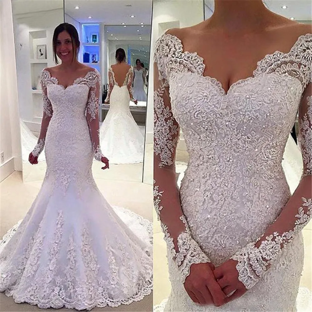 Elegante V-Ausschnitt rücken freie Meerjungfrau Brautkleid Spitze lange Ärmel Applikationen boden lange Tüll Brautkleid vestido de novia