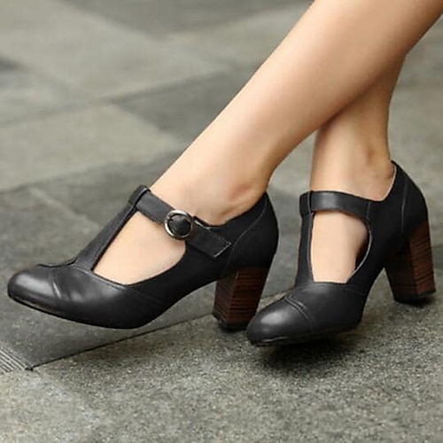 Damen Absätze Pumpen Abendschuhe Mary Jane Übergrössen Normal Täglich Feste Farbe Einfarbig Schnalle Blockabsatz Vintage Retro Brautkleider schlicht Wanderschuhe PU Leder PU T-Riemen Schwarz Gelb Rot Image