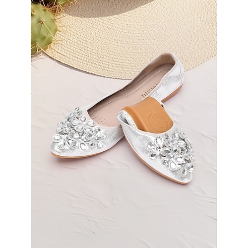Silberne faltbare Ballerinas für Damen mit Strassverzierungen – bequeme, leichte Schuhe für Reisen, Partys und besondere Anlässe Image