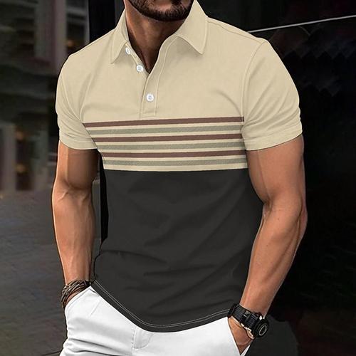 Stripes Men's Casual Print Polo Set Casual Daily Wear 95% Polyester 5% Spandex Short Sleeve Turndown Polo Shirts Brown Spring Summer S M L Micro-elastic Lapel Polo