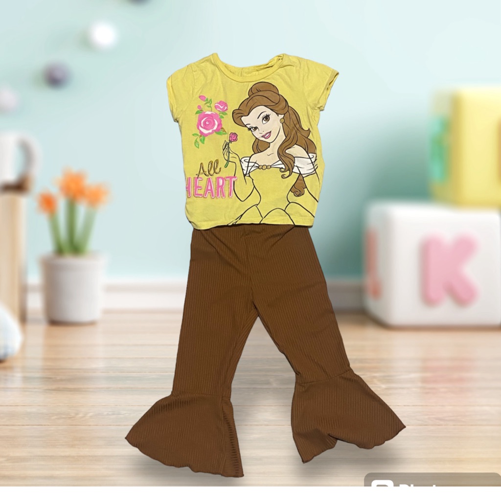 Disney Shirts & Tops | Beauty And The Beast By Disney Top & Shein Brown Bell Bottom Pants Kids Outfit 6 | Color: Brown/Yellow | Size: 6g