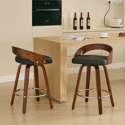 25-Inch Seat Height Swivel Bar Stool Walnut Wood Frame Low Back Bar Stools, 2Pc