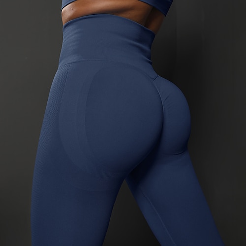 Damen Yogahose Nahtlos Po-Lifting Bauchkontrolle Hohe Taille Fitnesstraining Laufen Fitness Leggings Unterteile Einfarbig Schwarz Himmelblau Dunkelgrün Spandex Herbst Sport Sportkleidung Hohe Image