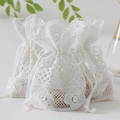 5/10/20PCS White Round Hole Lace Jewelry Storage Bag Milk Yarn Bundle Pocket Drawstring Packaging