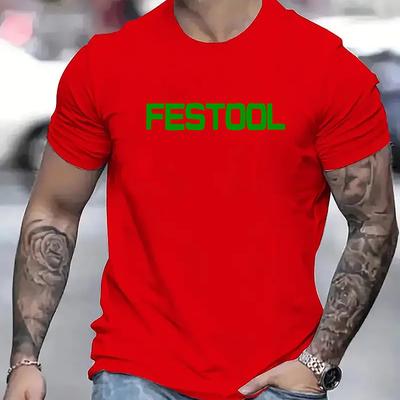 TEMU Men's Festool Casual Crew Neck T-shirt, 100% Polyester Knit Fabric, Stretch, Regular Fit, Summer Short-sleeved Top, Alphabet Print, 180gsm - Black Image