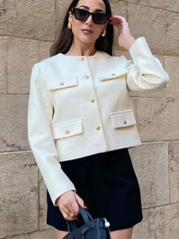 HH Frauen Elegante Beige Weiß Mantel Langarm O Neck Jacke Mit Metall Knöpfen Frühling Weibliche Mode Streetwear Chic Mäntel