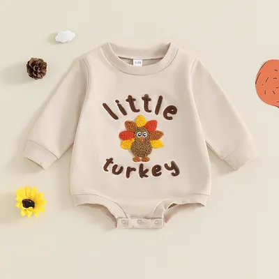 2024-05-29 Lioraitiin Baby Thanksgiving Romper Letter Print Turkey Embroidery Long Sleeves Round