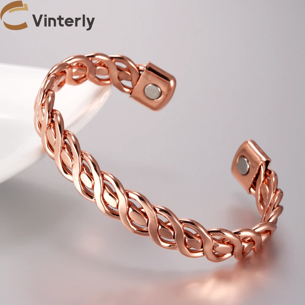 Vinterly Braccialetti in rame puro da uomo Frusta intrecciata magnetica Bracciale regolabile Artrite Magnete sanitario Gioielli in metallo Anti radiazioni