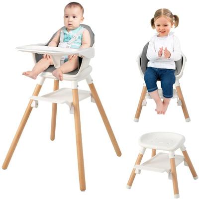 6 in 1 Babyhochstuhl aus pp & Buchenholz, Babystuhl mit abnehmbarem & waschbarem Tablett, 5-Punkt