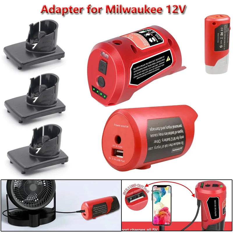 USB-Stromquellenadapter für Milwaukee 12 V Lithium-Ionen-Akkuladegerät, tragbarer Stromquellenadapter, mit 2,1 A USB-Anschluss und DC 12 V Image