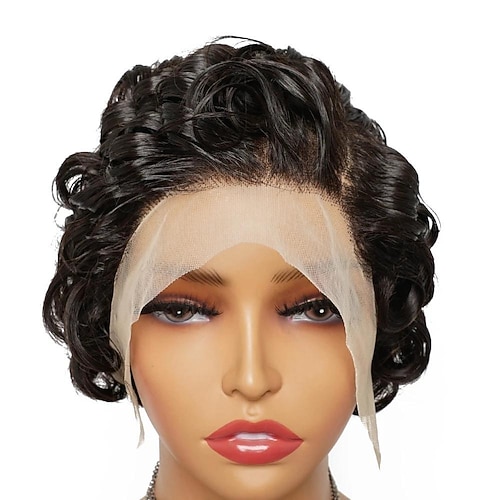 Pixie-Lockenperücken, 13 x 4 Zoll, mit Spitze vorne, Echthaarperücke, schwarze Farbe, indisches Haar, kurz, federnd, lockig, Seitenteil, vordere Spitze Image