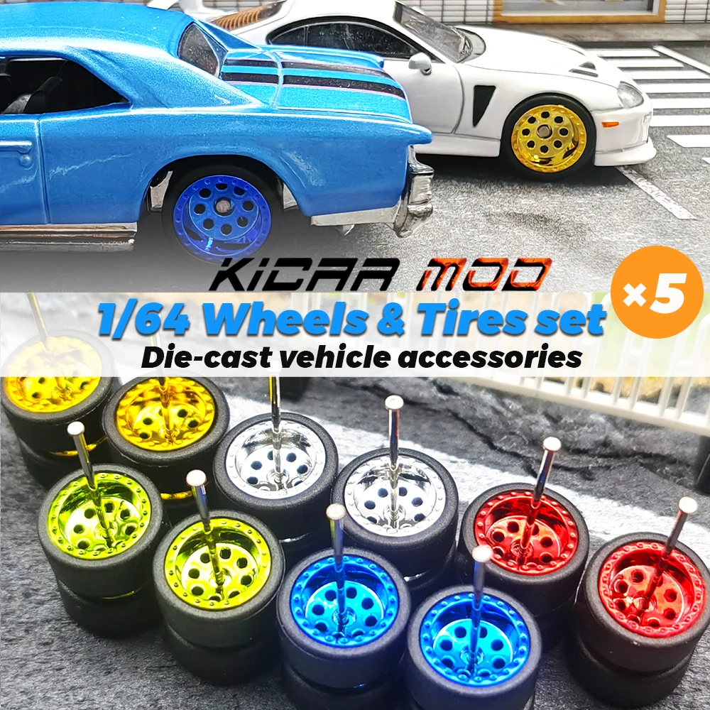 1/64 Wheels with Detachable Slick Rubber Tires Circular Spoke for Toy Model Diecast Cars Refiting Parts for Hotwheels (5 Sets)