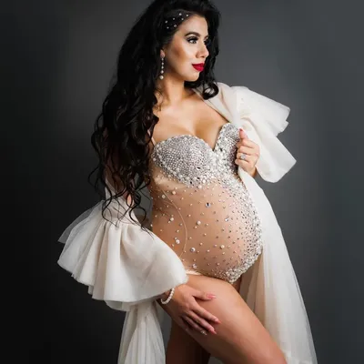 Shinning Crystals Maternity Bodysuit For Photography SeeThrough Tulle Stretchy Pregnancy Photo Shoot Rhinestone Bodysuits