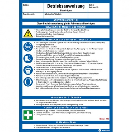 König Werbeanlagen Dreifke® Maschinenbetriebsanweisung Bandsägen, Kunststoff, 210x297mm, ASR A1.3, DIN EN ISO 7010 Image