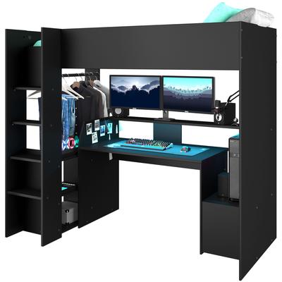 Hochbett INOSIGN "Meddox, TOPSELLER OTTOs Choice, Gamerbett, LED, Schreibtisch", schwarz (schwarz, schwarz, schwarz), B:116cm H:180cm L:204cm, Hochbetten, Kleiderstange, viel Stauraum, ideal für kleine Räume, ALL-IN-ONE Bett, Topseller Image