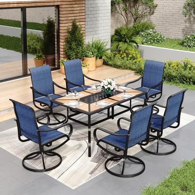MAISON ARTS 7 PCS Outdoor Patio Dining Set with High Back Textilene Swivel Chair and a Wood Grain Table with Umbrella Hole
