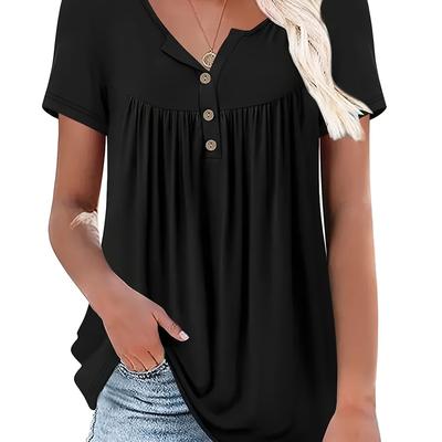 TEMU Women's Casual - V-neck, Short Sleeve, Ruched Detail, Stretchy Polyester Blend, Machine Washable, Ideal For All , Casual, Stretchy Polyester Blend Image