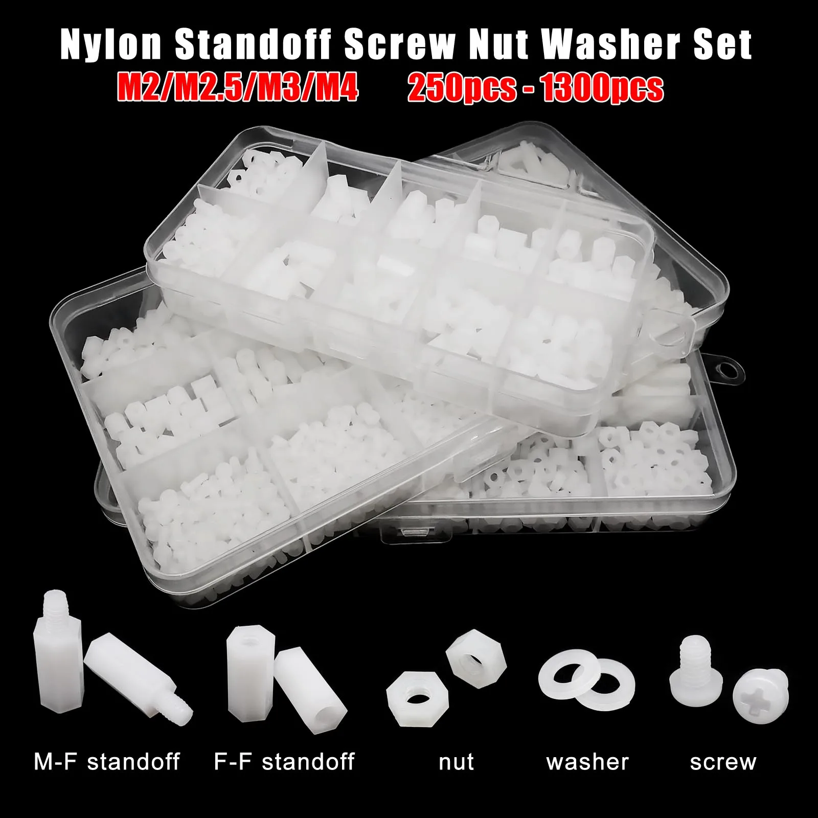 1 scatola M2 M2.5 M3 M4 plastica bianca nylon isolato esagonale standoff esagonale pilastro distanziatore colonna vite dado rondella assortimento kit set