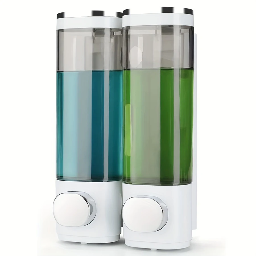 Dispenser di sapone a parete per bagno 2 camere, dispenser di sapone liquido trasparente per doccia, dispenser di shampoo e balsamo per doccia