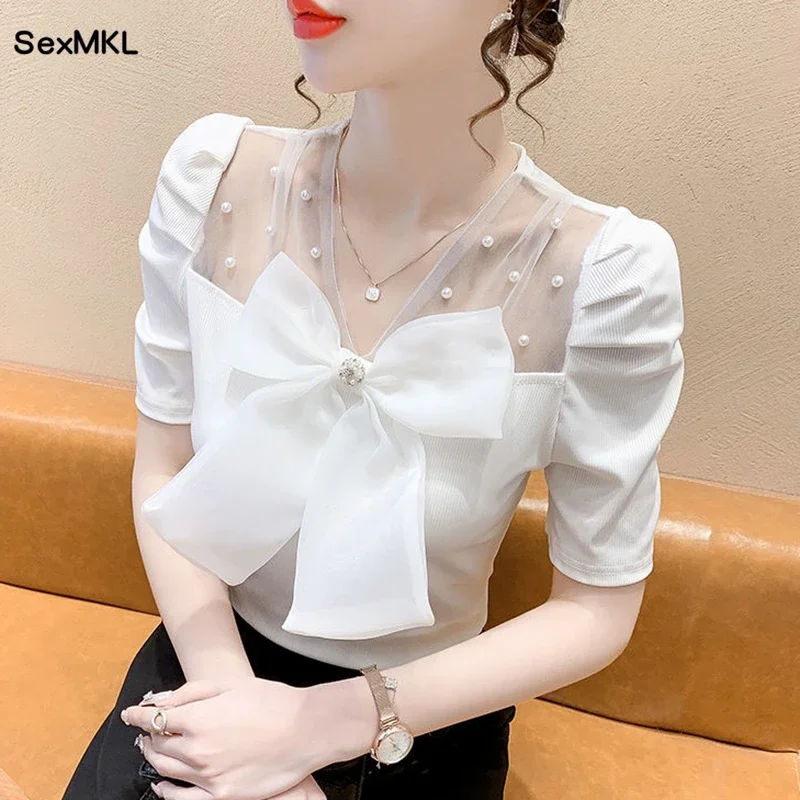 Vintage Beading Summer Blouses Women 2026 Casual V Neck Bow Korean Fashion Y2k Clothes Kawaii White Ladies Puff Sleeve Pink Tops