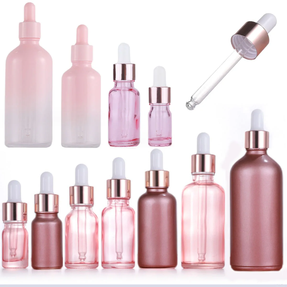 5X 10X Bottiglia contagocce in vetro per olio essenziale rosa rosa 5/10/15/20/30/50/100ml Tappo in oro rosa Pipetta per gocce per occhi Siero per aromaterapia