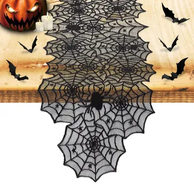 1pc Halloween Decoration Table Runner,Spider Web Black Lace Table Runner for Kitchen Dinner