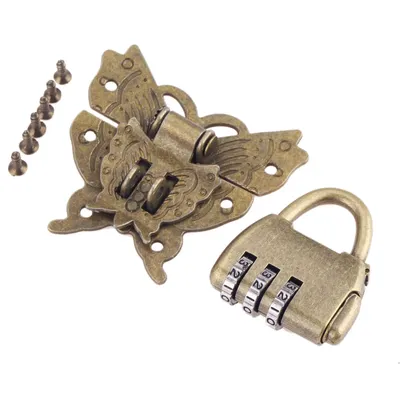 1kit Password Padlock+Butterfly Latch Clasp Wooden Box Lock Set with Screw Vintage Wood Jewelry Box Cabinet Drawer Retro Decor