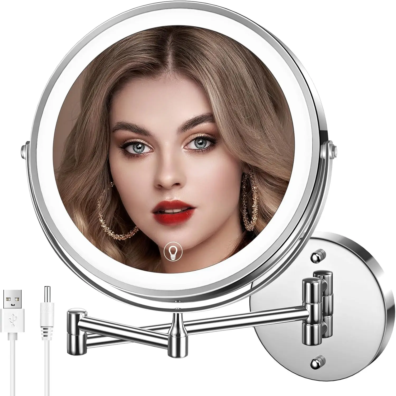 Specchio per il trucco da bagno da parete da 8" con luce a 3 colori, specchio illuminato con ingrandimento 1X/10X a doppia faccia Specchio a LED per la rasatura