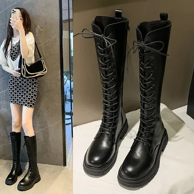 Women Boots Autumn 2023 Female High Platform Gothic Shoes Black Leather Boots Lace Up Women Knee High Boots