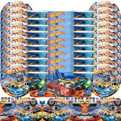 61Pcs Hot Wheels Birthday Party Tableware Paper Disposable Cup Plate Napkin Tablecloth Set Flamme