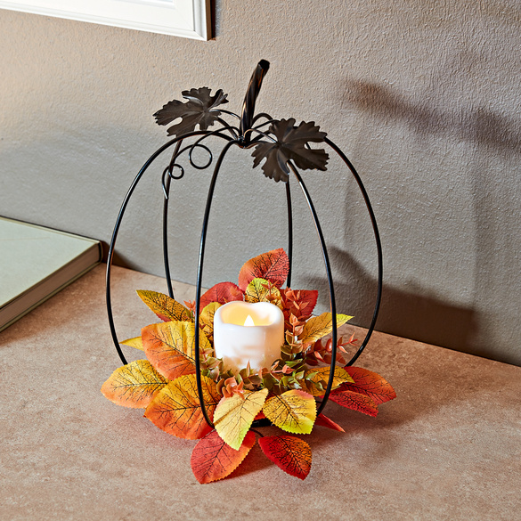 Metall-Kürbis mit LED-Kerze & Blätterarrangement Eldo Image