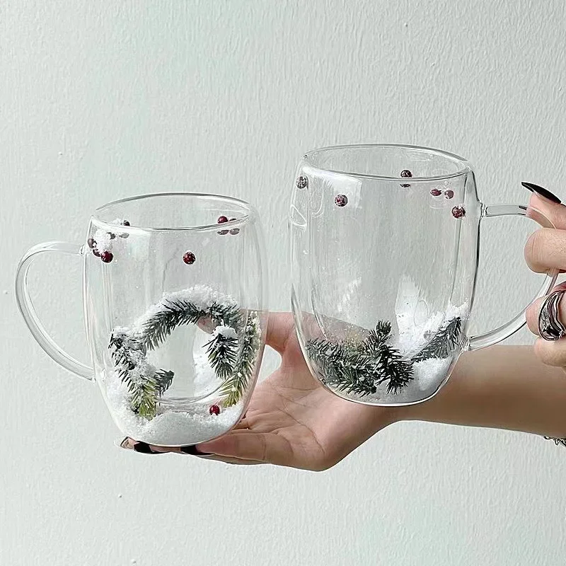 200/350ML Doppel Wand Glas Tasse Transparent Weihnachten Thema Schnee Kaffee Tasse Hitzebeständige Saft Milch Glas Wasser tasse ‌ Weihnachtsgeschenk Image