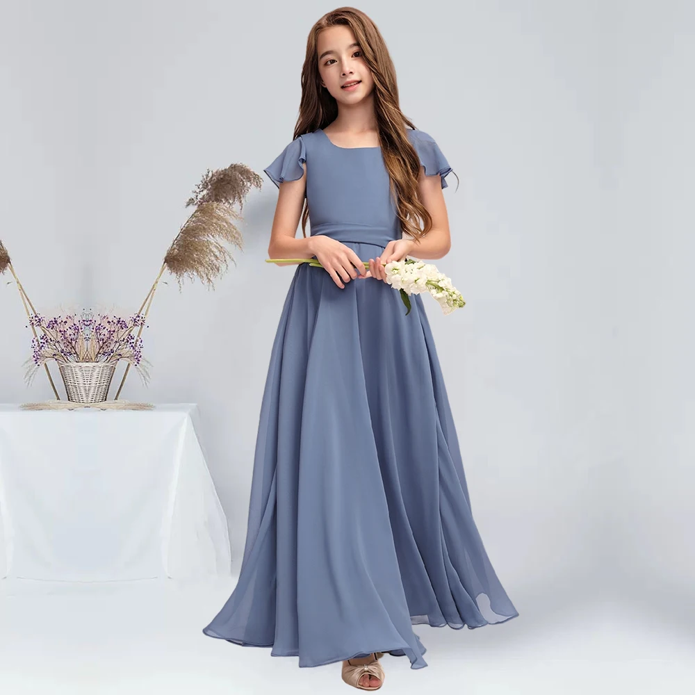 A-Linie, quadratisch, bodenlang, Chiffon, Junior-Brautjungfernkleid, Schieferblau, Blumenmädchenkleid, Sommer-Kommunionkleid für Junioren Image