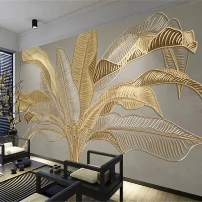 Wellyu benutzer definierte Wandbild 3d atmos phä rische Bananen blatt nordische grüne Pflanzen Licht Luxus goldene geprägte Linien Hintergrund Wand tapeten Image