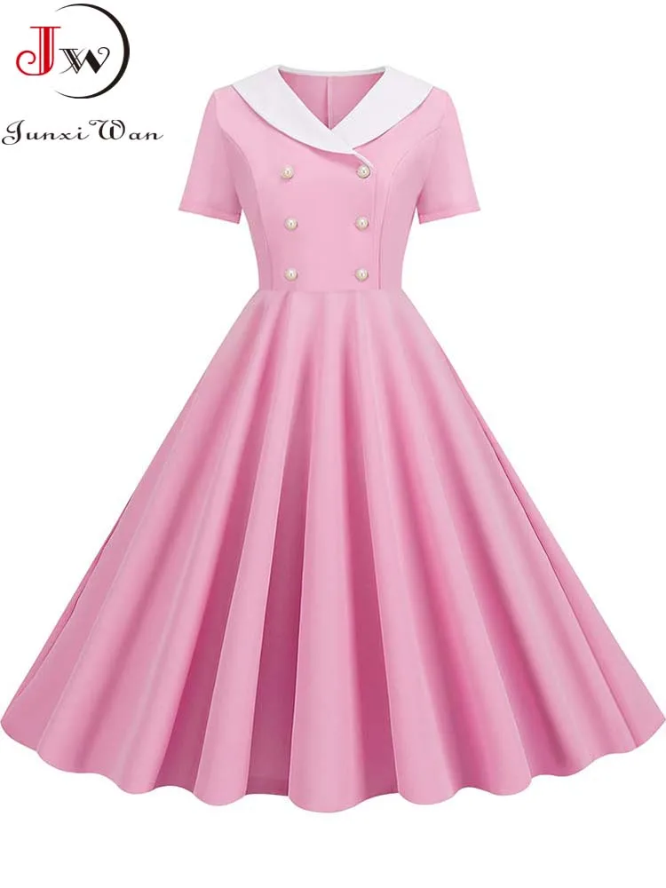 Sommer Midi Kleid Frauen Elegante Rosa Vintage Party Sommerkleid Casual Peter Pan Kragen Kurzarm Kleid