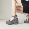 2025 Blaue Designer-Denim-Sandalen für den Sommer, Damen, Keilabsatz, Peep-Toe-Plattform, römisches Kleid, Pumps, Schuhe, Größe 35–43