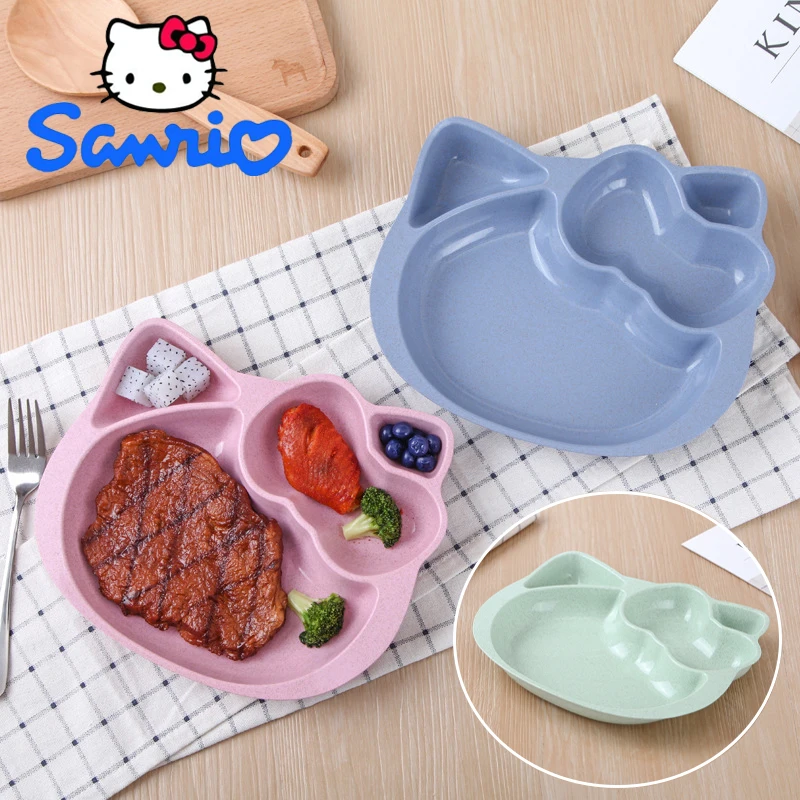 Sanrio Hallo Kitty Teller Cartoon Kinder getrennt Geschirr Haushalt Anti-Fall Weizen Stroh Teller Baby Kinder Geschirr Image